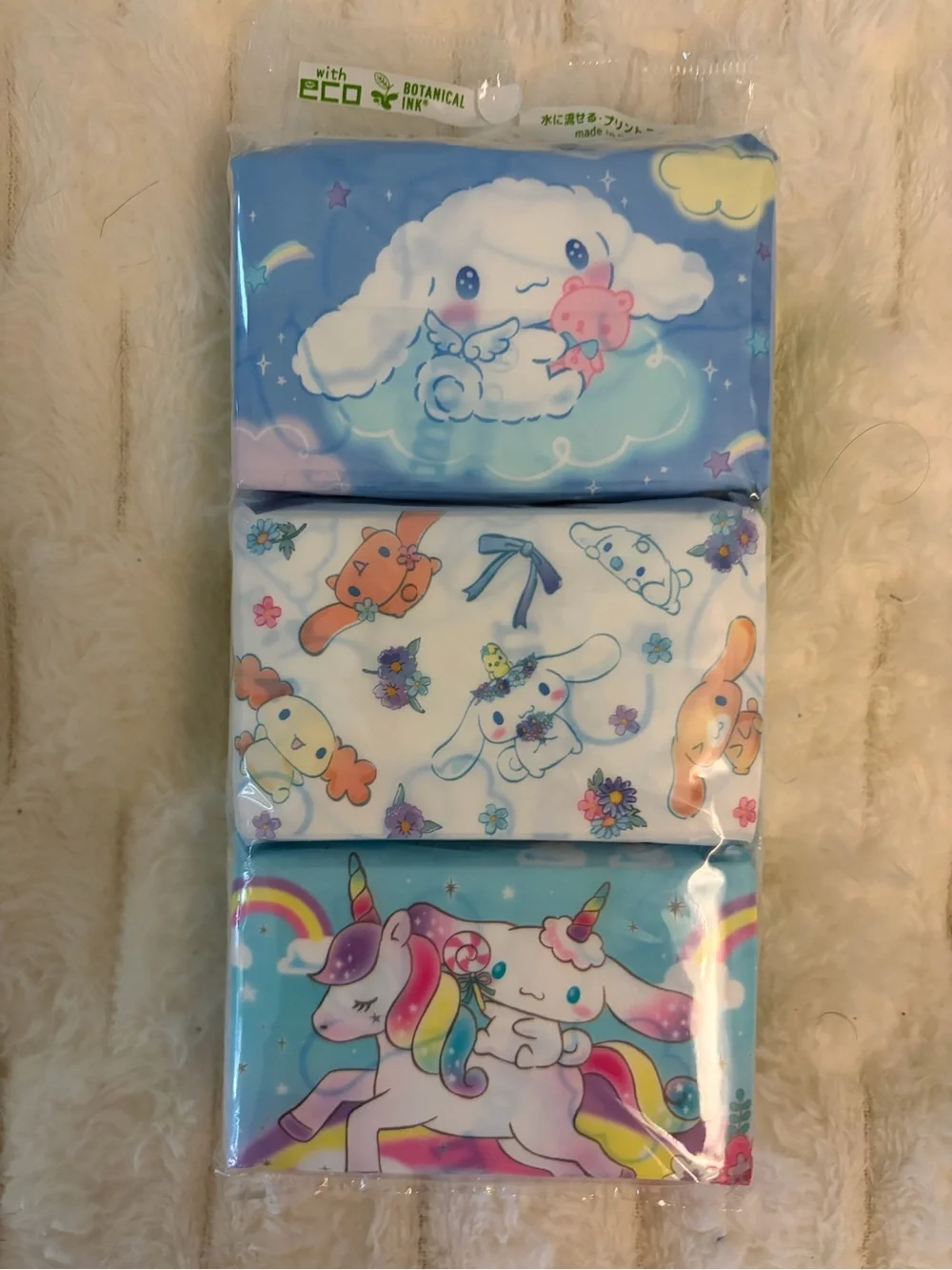 Sanrio cinnamoroll Face tissues 6 pack - Blue, White, Pastel Unicorn & Clouds